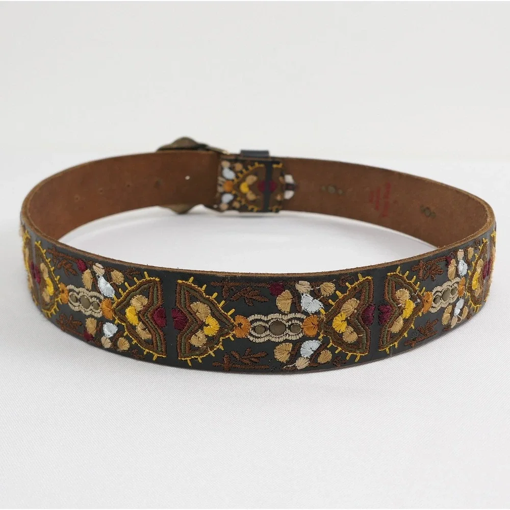 Lucky Brand Womens S Brown Leather Embroidered Boho Belt Bronze Buckle 29 31 33